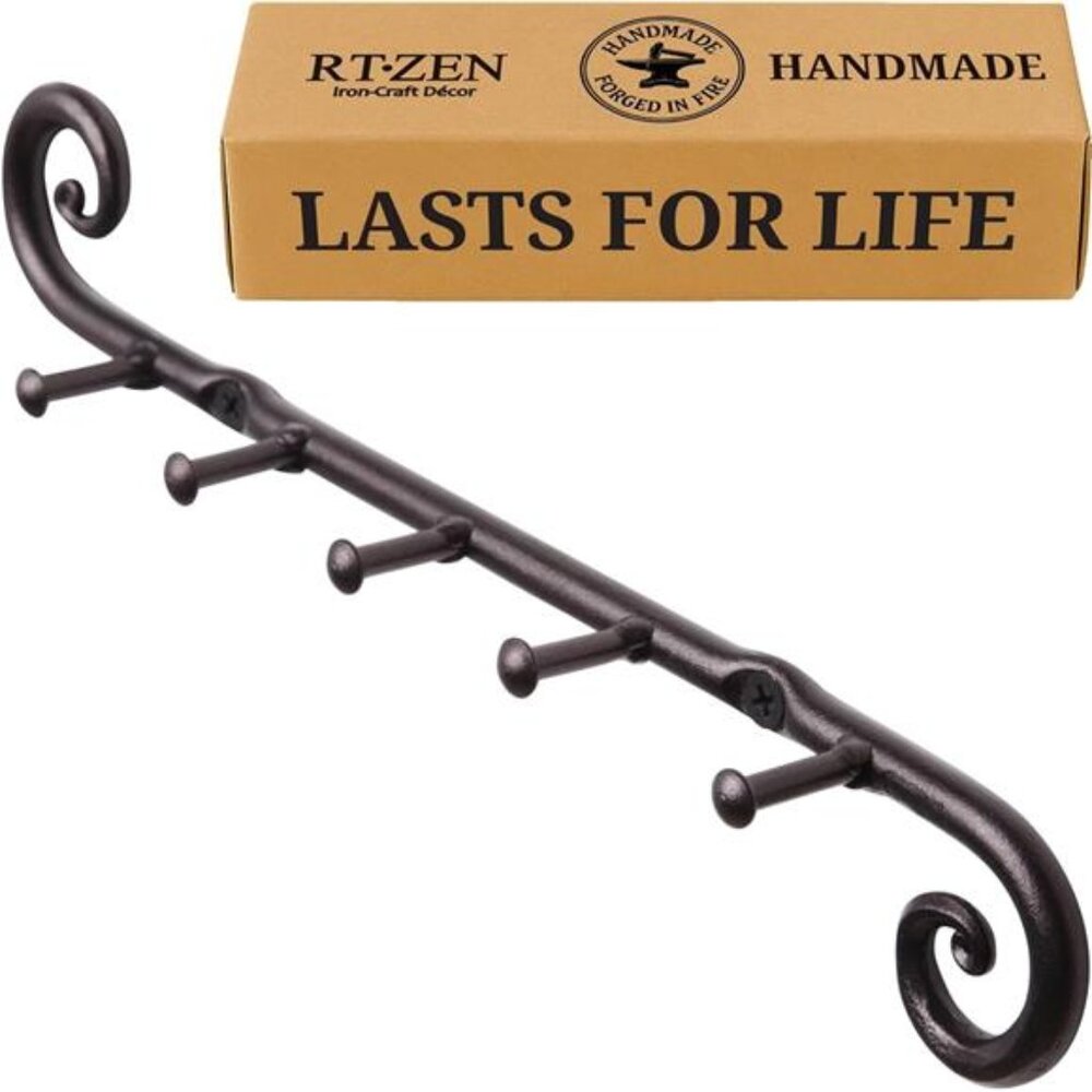 Farmhouse Small Key Holder for Wall - Handcrafted Swirl Decorative 5 Key Hooks